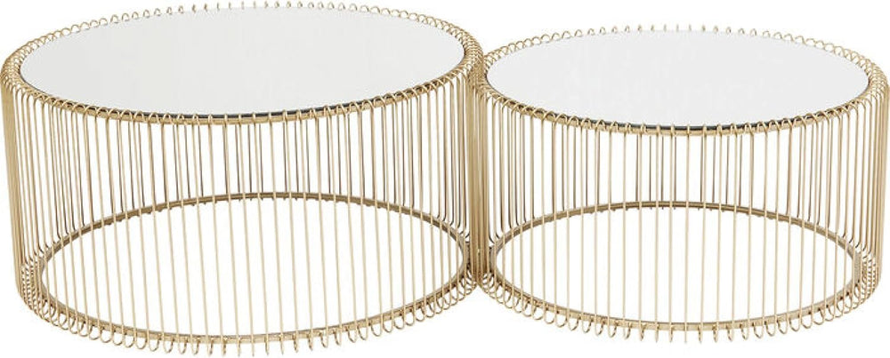 Kare Design Tables Basses Wire, Lot de 2, Laiton/Miroir, Rond, Acier, Plateau de Table en Verre, Diamètre 70/60cm, Style Moderne, Élégante, Table Basse Salon, Deco Intérieur, Décoration Chambre