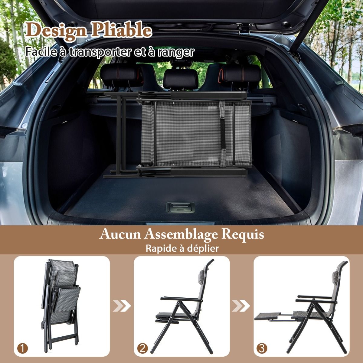 Lot de 2 Chaises Longues Pliantes et Inclinables Dossiers et Accoudoirs Réglables à 10 Niveaux Repose-Pied Rétractable Capacité 150 Kg Gris -