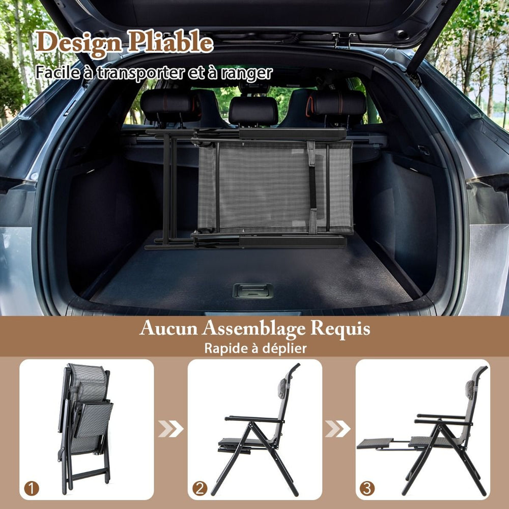Lot de 2 Chaises Longues Pliantes et Inclinables Dossiers et Accoudoirs Réglables à 10 Niveaux Repose-Pied Rétractable Capacité 150 Kg Gris -
