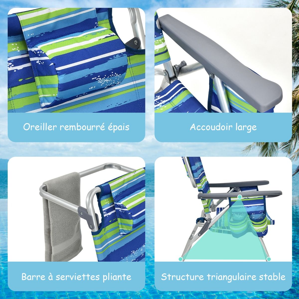 Lot de 2 Chaises de Camping Plage Pliante Table Enroulable en Aluminium Appui-tête Dossier Réglable à 5 Positions 6 Couleurs au Choix -