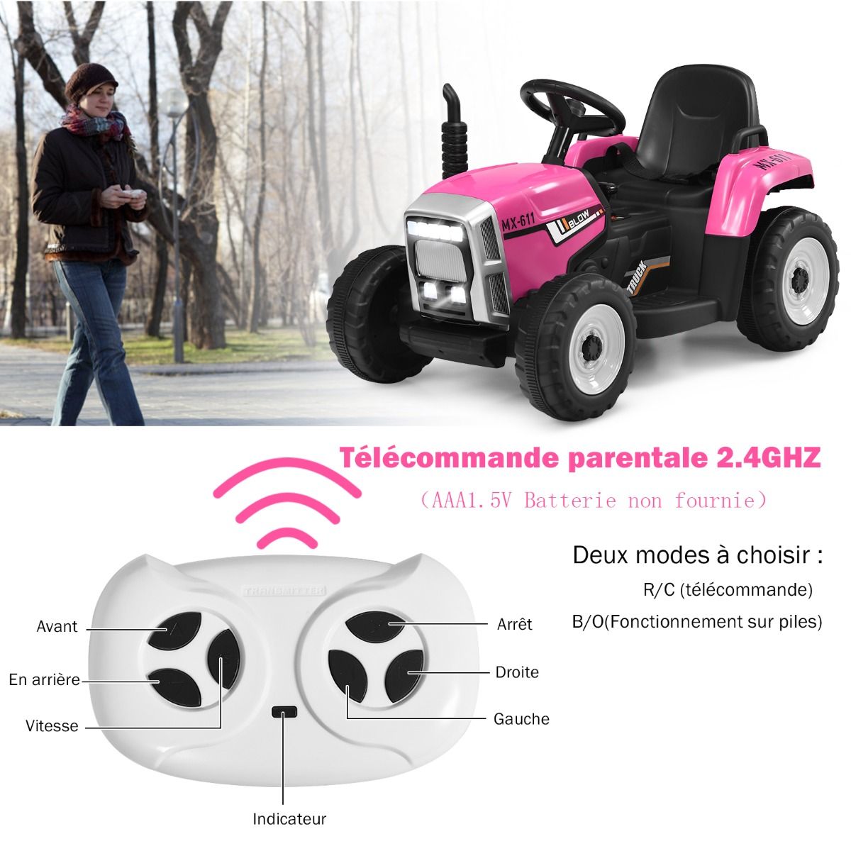 Tracteur Electrique avec Remorque pour Enfants 3 Vitesses Lumires LED Fonctions o USB et Bluetooth Jaune/Rose/Rouge/Vert/Vert Fonc/Noir -