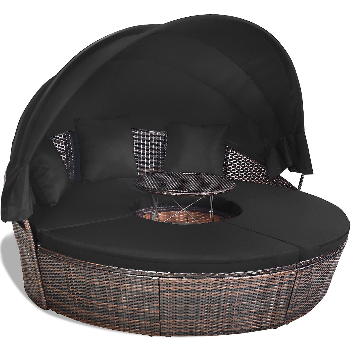 Lit de Jardin Rond d'Exterieur Table Relevable Modulable & Convertible - Pare Soleil Réglable rotin PE Coussins Inclus Noir -