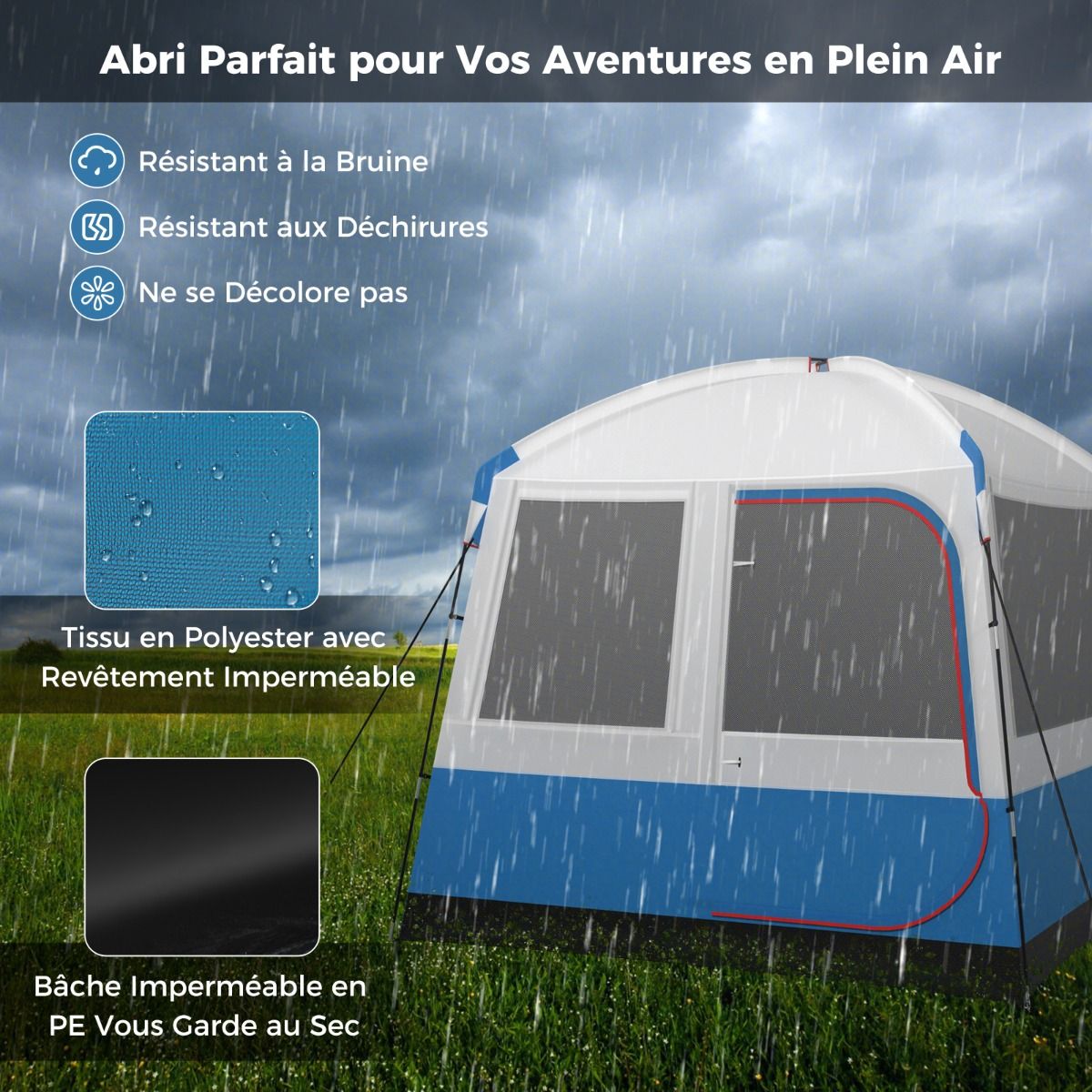 Tente de Camping pour 5 Personnes Tente D么me tanche avec Porte et Fen锚tres en Maille Sac de Transport 248x248x230cm Bleu + Blanc -