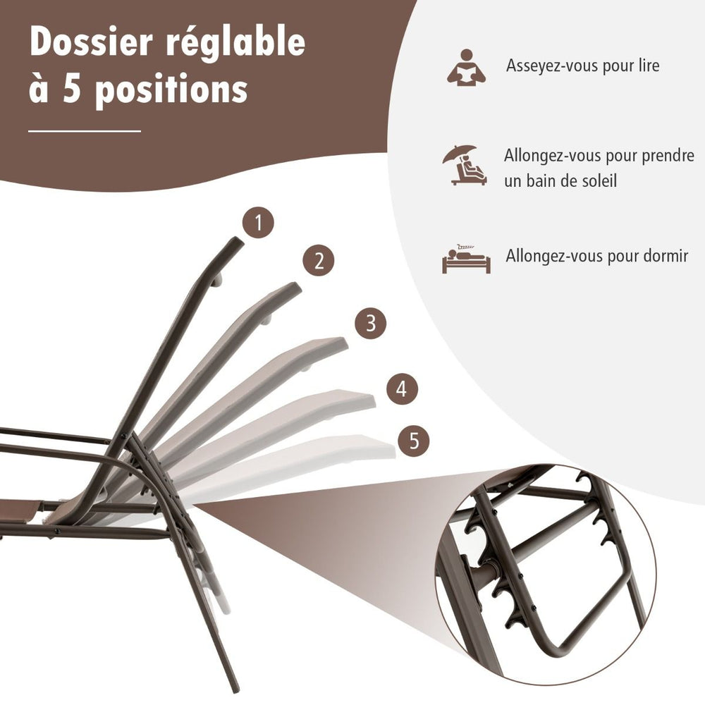 Lot de 2 Chaises longues avec Dossier Rglable Tissu Respirant Structure Robuste en Acier Charge Max 150KG -