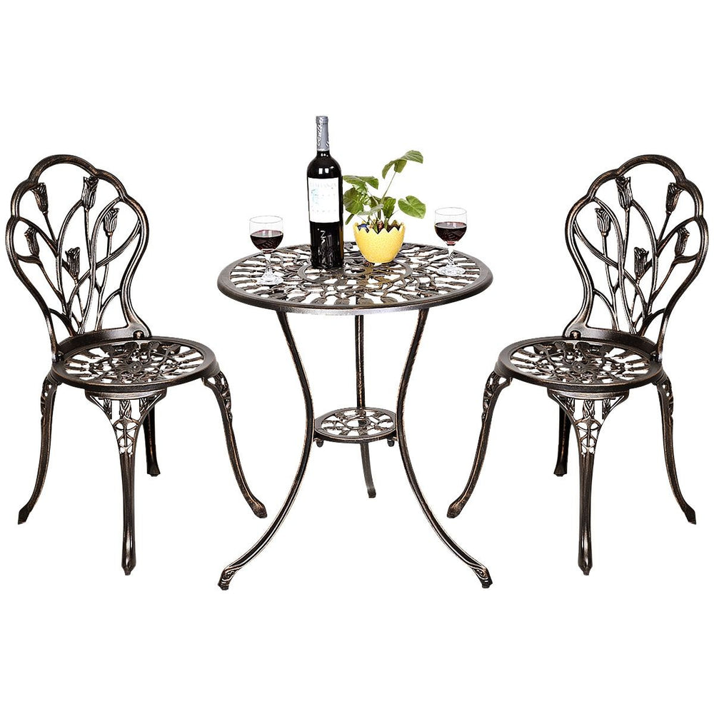 Salon de jardin avec 1 table ronde et 2 chaises en fonte d’aluminium Style rétro avec motif tulipe avec trou de parasol -