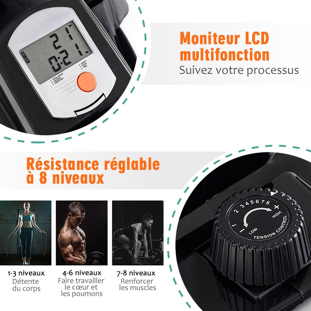 Rameur Magnétique Pliable 8 Niveaux de Résistance Écran LCD Numérique Poids Supporté de 100 KG pour Maison et Bureau -