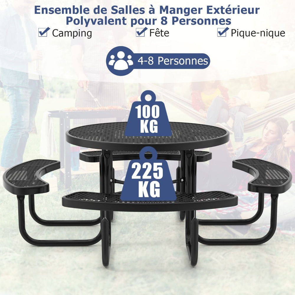 Table de Pique-Nique Ronde avec 4 Bancs Intégrés pour 8 Personnes Table de Camping en Métal avec Sièges et Trou pour Parasol 202x75cm Noir -