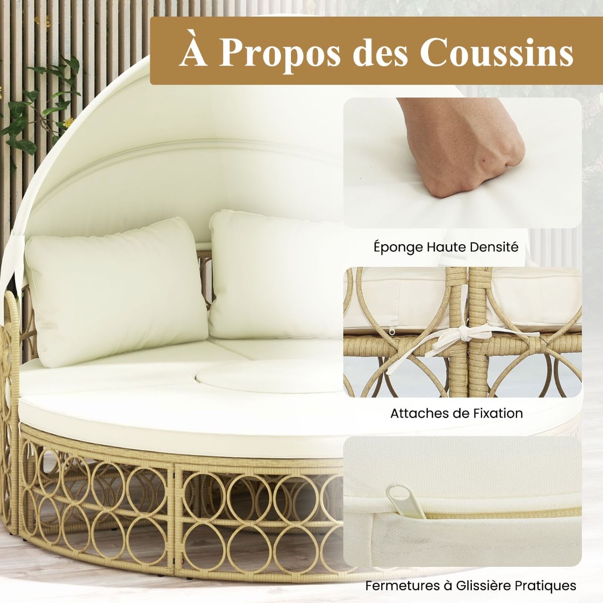 Lit de Repos Rond pour Patio avec Auvent Rétractable Ensemble de Siège Sectionnels Séparés en Rotin PE avec Coussins Doux Blanc -