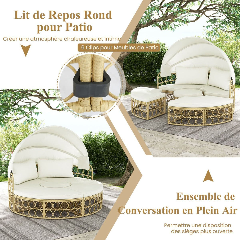 Lit de Repos Rond pour Patio avec Auvent Rétractable Ensemble de Siège Sectionnels Séparés en Rotin PE avec Coussins Doux Blanc -