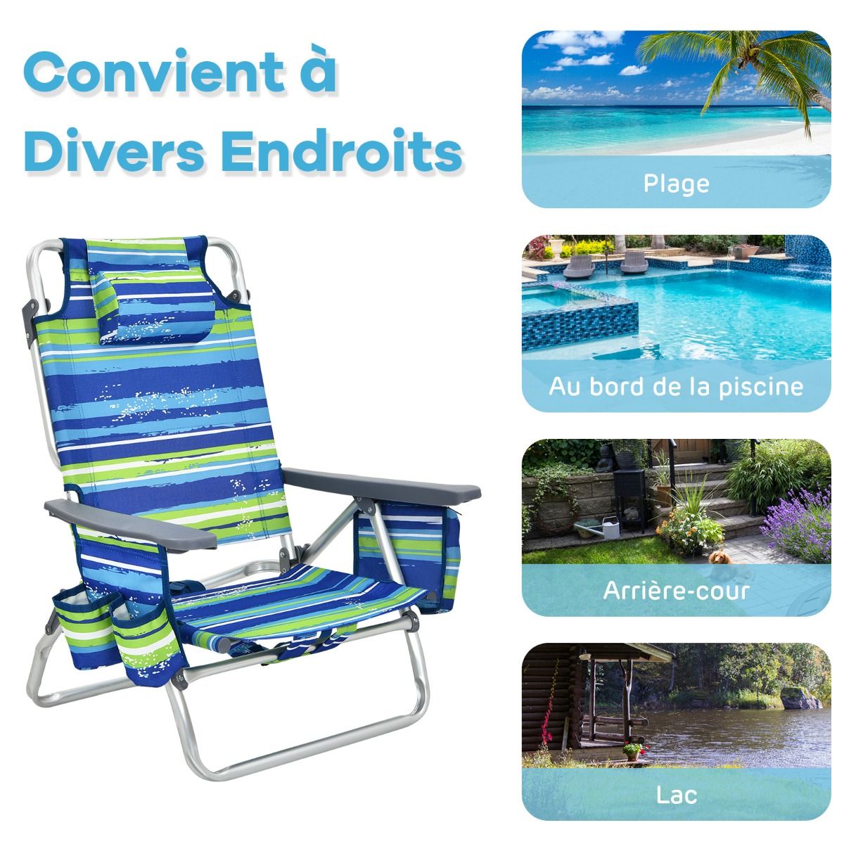 Lot de 2 Chaises de Camping Plage Pliante Table Enroulable en Aluminium Appui-tête Dossier Réglable à 5 Positions 6 Couleurs au Choix -
