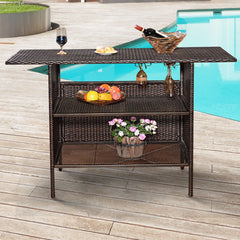 Table de Bar de Jardin en Rsine Tresse avec 2 Etagres de Rangement 2 de Rails pour Porte-Verres Marron -
