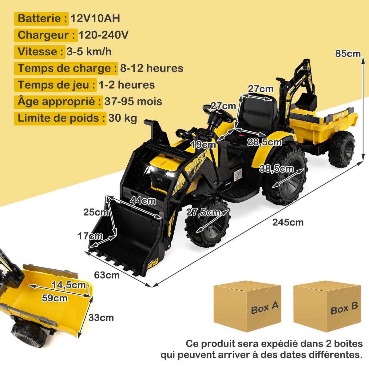 Tracteur Electrique 12 V pour Enfants 3-5 km/h Télécommande MP3 USB Vert/Jaune -