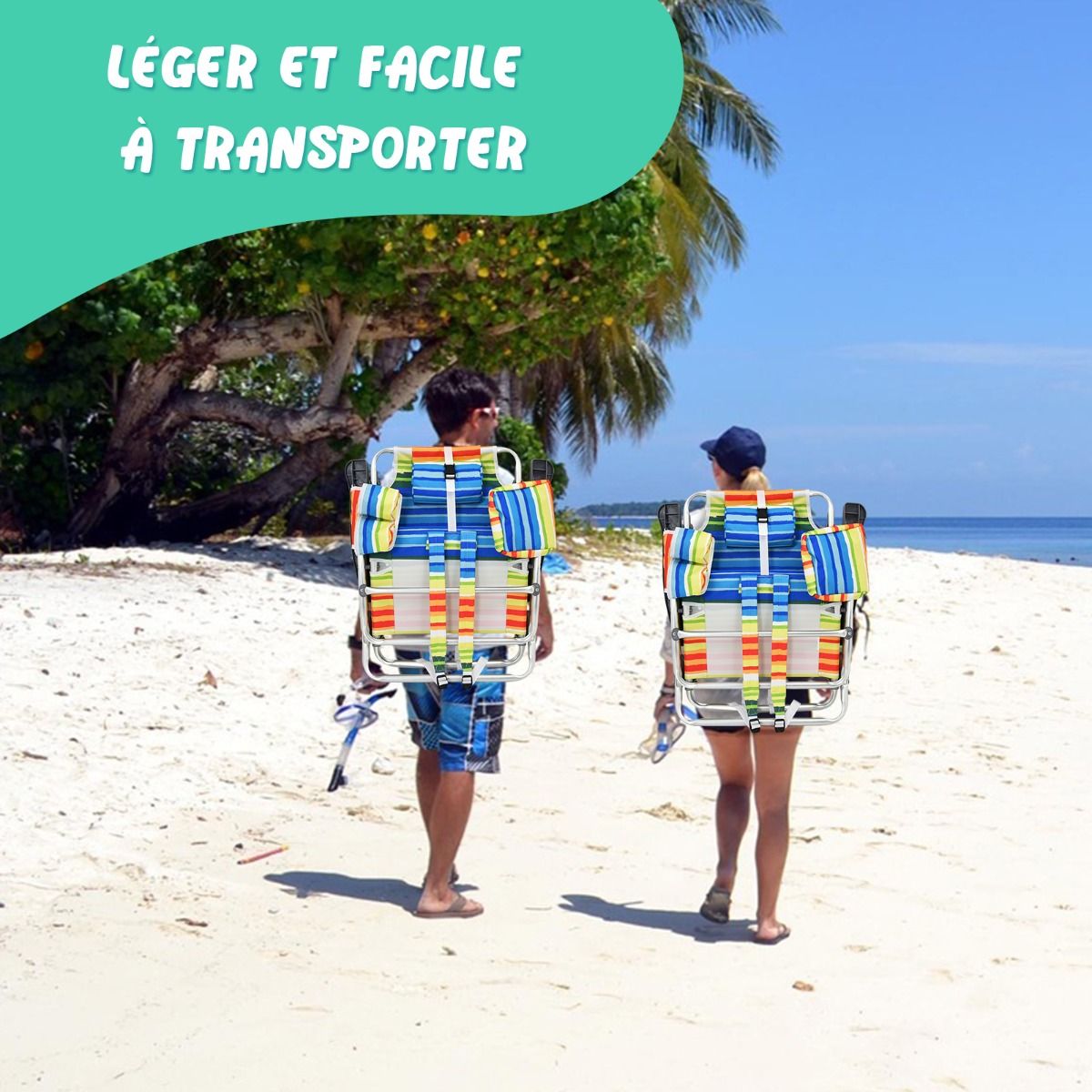 Lot de 2 Chaises de Camping Plage Pliante Table Enroulable en Aluminium Appui-tête Dossier Réglable à 5 Positions 6 Couleurs au Choix -