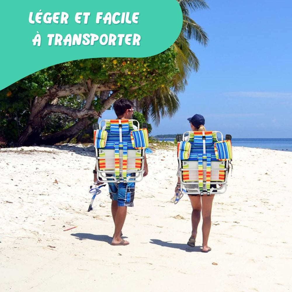Lot de 2 Chaises de Camping Plage Pliante Table Enroulable en Aluminium Appui-tête Dossier Réglable à 5 Positions 6 Couleurs au Choix -