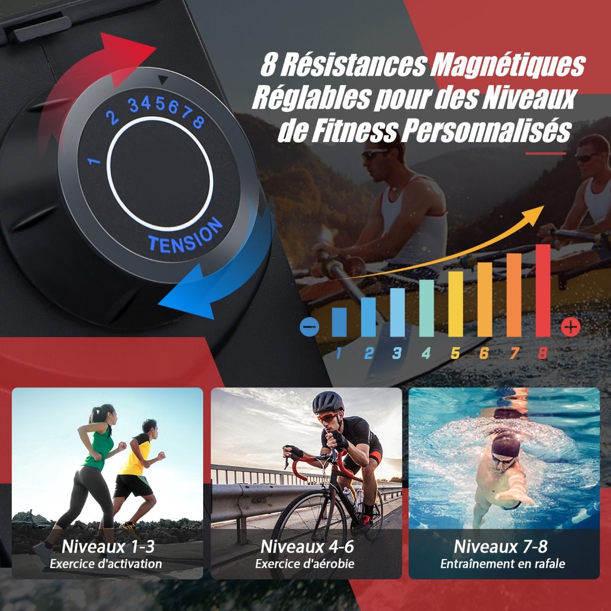 Rameur Magntique Rsistance 8 Niveaux Pliable 2 Roues Flexibles Rail Coulissant en Aluminium Ecran LCD Support d'Appareil -
