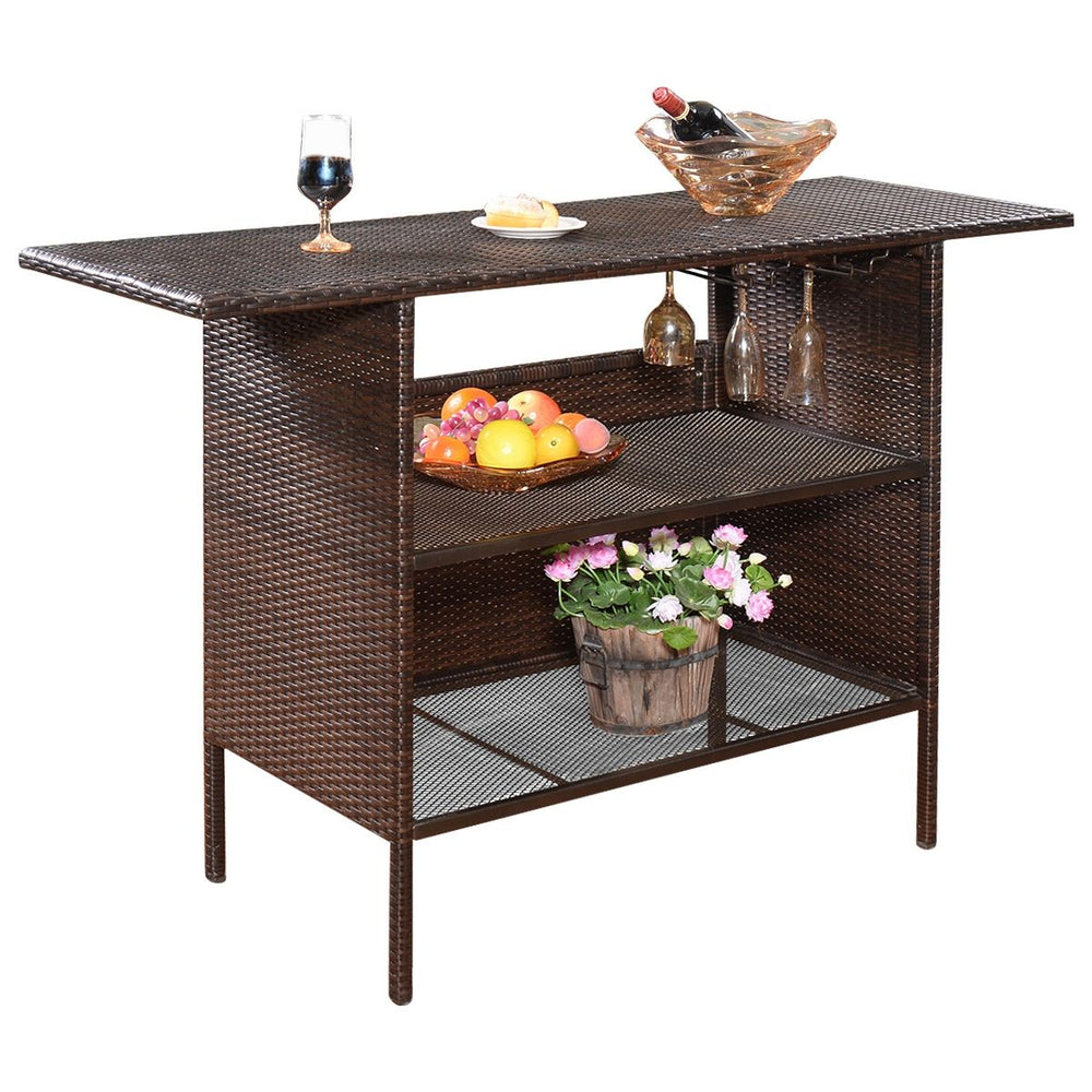 Table de Bar de Jardin en Rsine Tresse avec 2 Etagres de Rangement 2 de Rails pour Porte-Verres Marron -