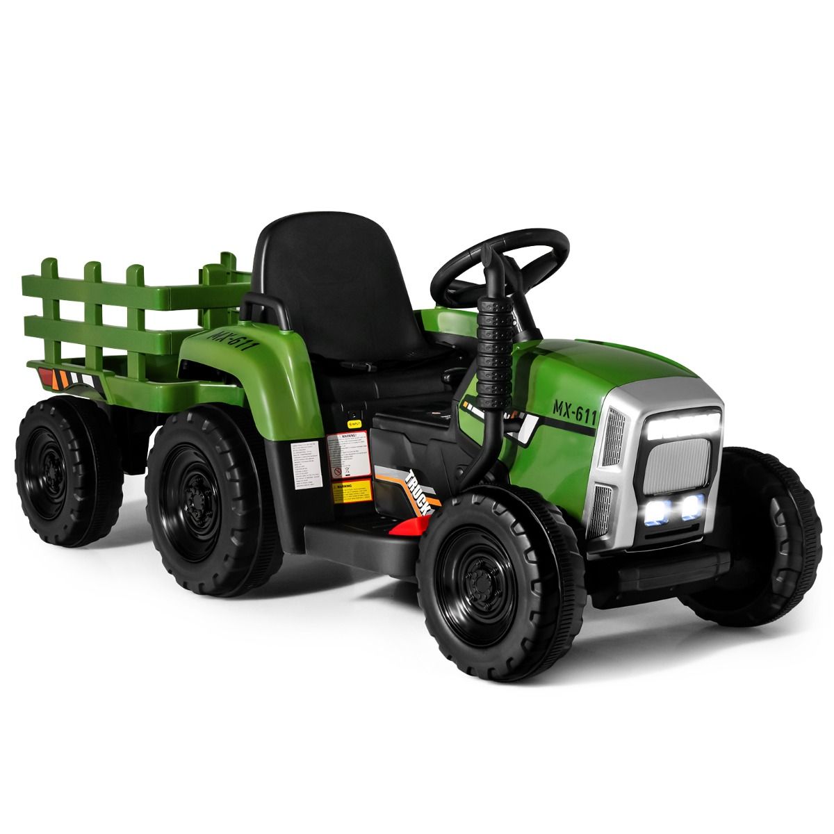 Tracteur Electrique avec Remorque pour Enfants 3 Vitesses Lumires LED Fonctions o USB et Bluetooth Jaune/Rose/Rouge/Vert/Vert Fonc/Noir -