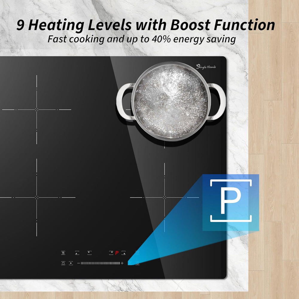 Plaque Induction 4 Feux, Plaque de Cuisson Induction avec Technologie Demi-Pont, Fonction Boost, Chauffage Uniforme, Minuterie 99 Min, Verrouillage Sécurité 6400W