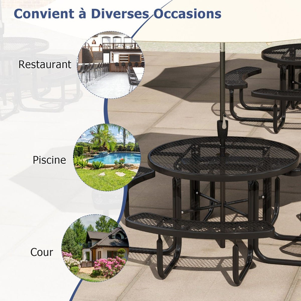 Table de Pique-Nique Ronde avec 4 Bancs Intégrés pour 8 Personnes Table de Camping en Métal avec Sièges et Trou pour Parasol 202x75cm Noir -