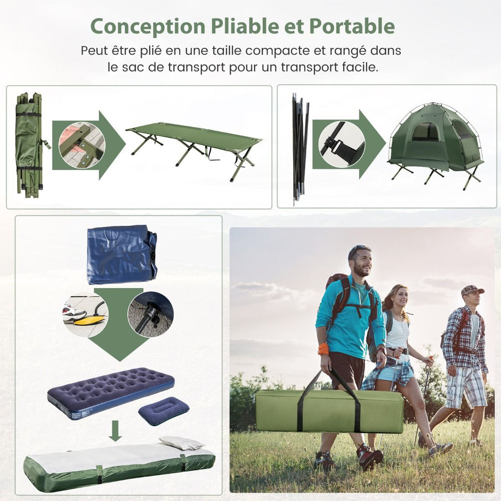 Tente de Camping avec Lit pour 1 Personne Lit de Camping Pliant 5 en 1 avec Matelas Pneumatique Oreiller Sac de Couchage Tente Surélevée Étanche -