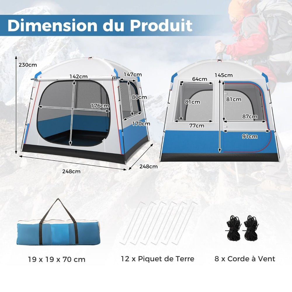 Tente de Camping pour 5 Personnes Tente Dôme Étanche avec Porte et Fenêtres en Maille Sac de Transport 248x248x230cm Bleu + Blanc -