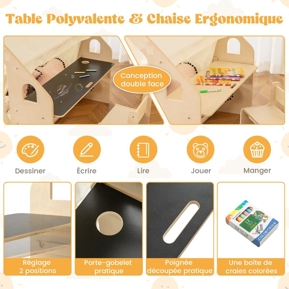 Tente de Jeu d'Intérieur en Bois pour Enfants 6 en 1 Tableau Noir Table Chaise 6 Bacs de Rangement Coussin de Sol Maison de Jeu pour 2-6 ans Beige -