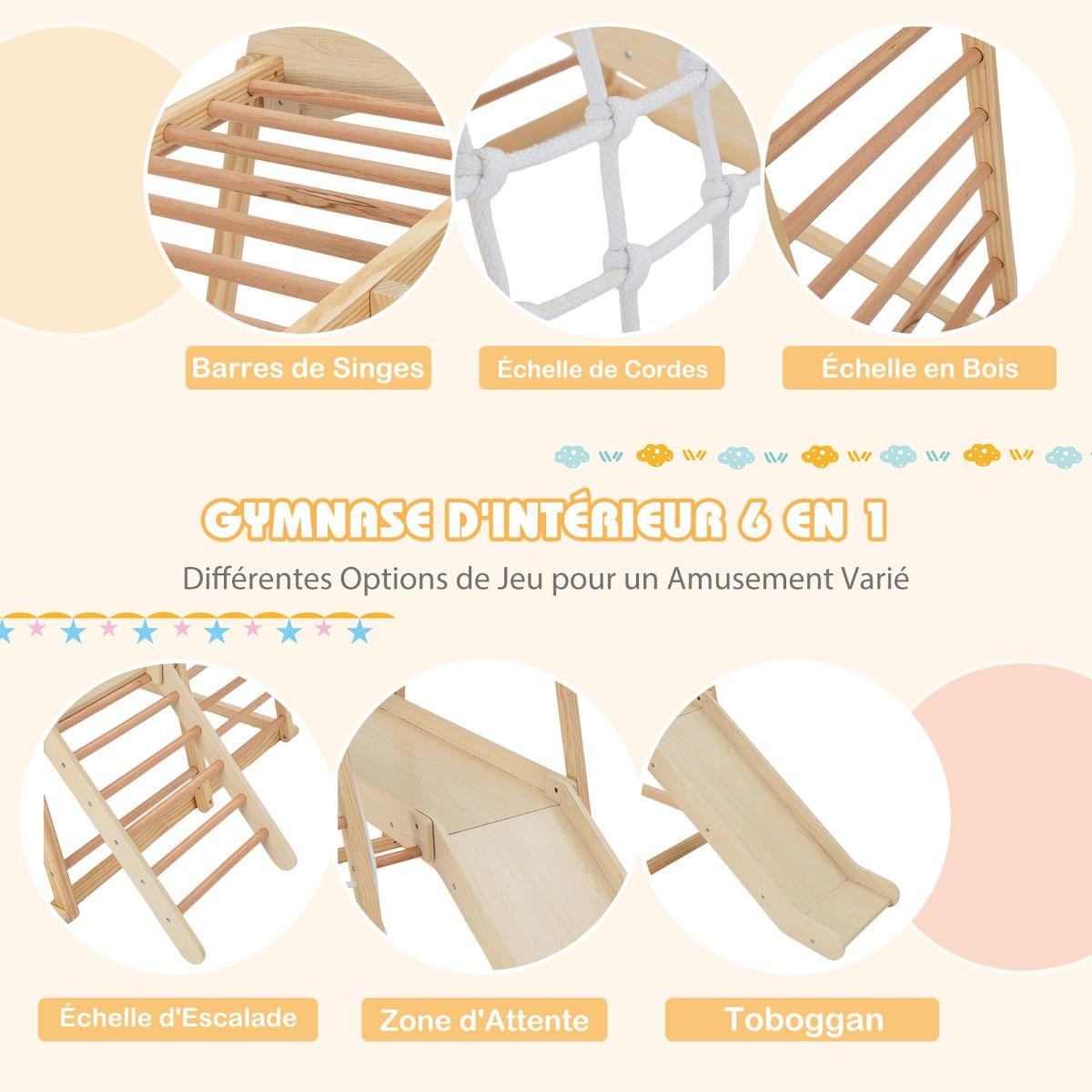 Triangle d'Escalade 6 en 1 en Bois avec Toboggan et Filet Barre pour Grimper Ramper et Glisser 1 An+ Coloré/Naturel -