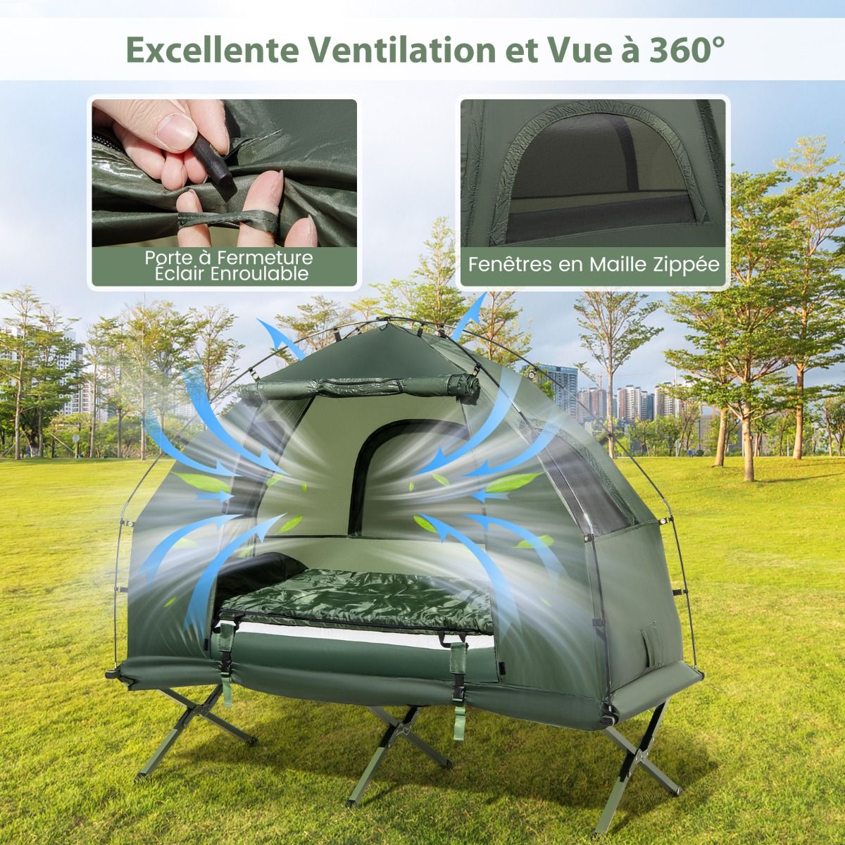 Tente de Camping avec Lit pour 1 Personne Lit de Camping Pliant 5 en 1 avec Matelas Pneumatique Oreiller Sac de Couchage Tente Surélevée Étanche -