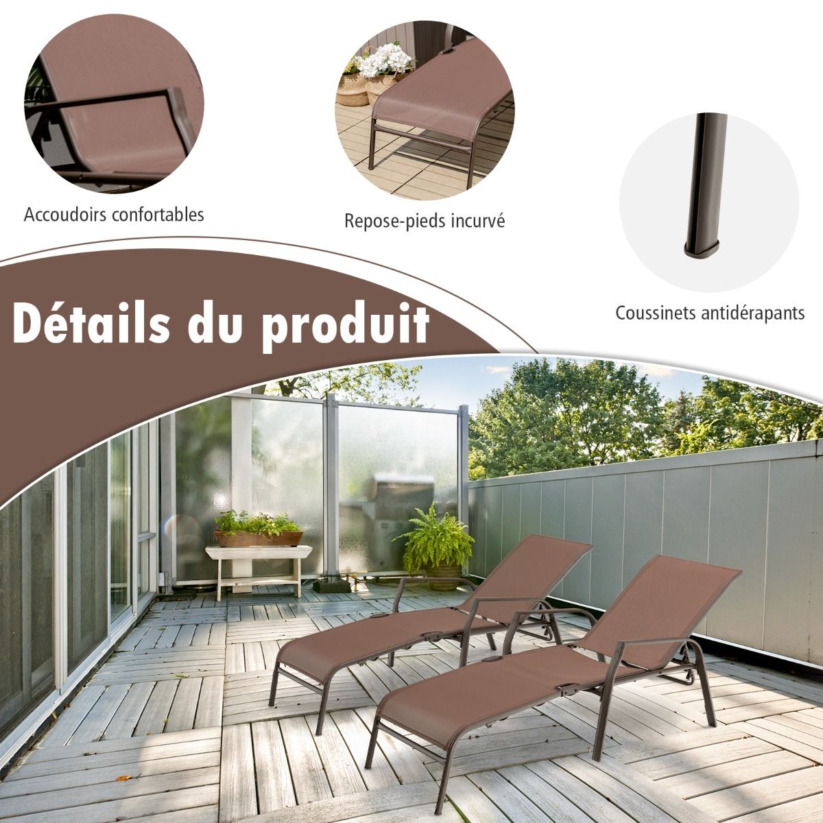 Lot de 2 Chaises longues avec Dossier Réglable Tissu Respirant Structure Robuste en Acier Charge Max 150KG -