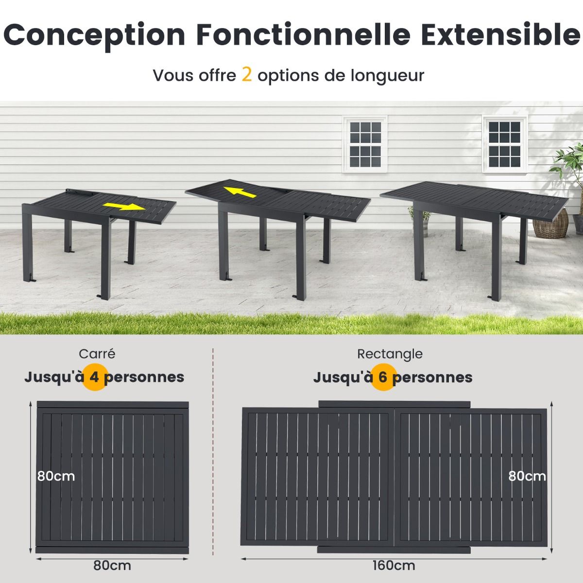 Table de Jardin Extensible en Aluminium Ajustable de 80 à 160 CM Table à Manger Extérieure Plateau à Lattes pour 4-6 Personnes Gris Foncé -
