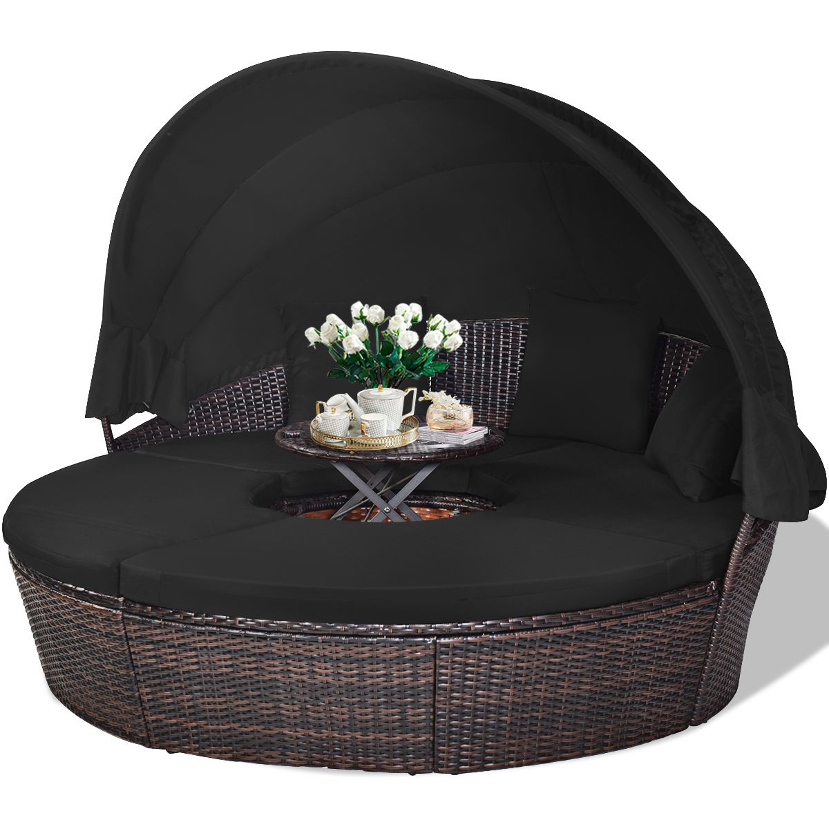 Lit de Jardin Rond d'Exterieur Table Relevable Modulable & Convertible - Pare Soleil Réglable rotin PE Coussins Inclus Noir -