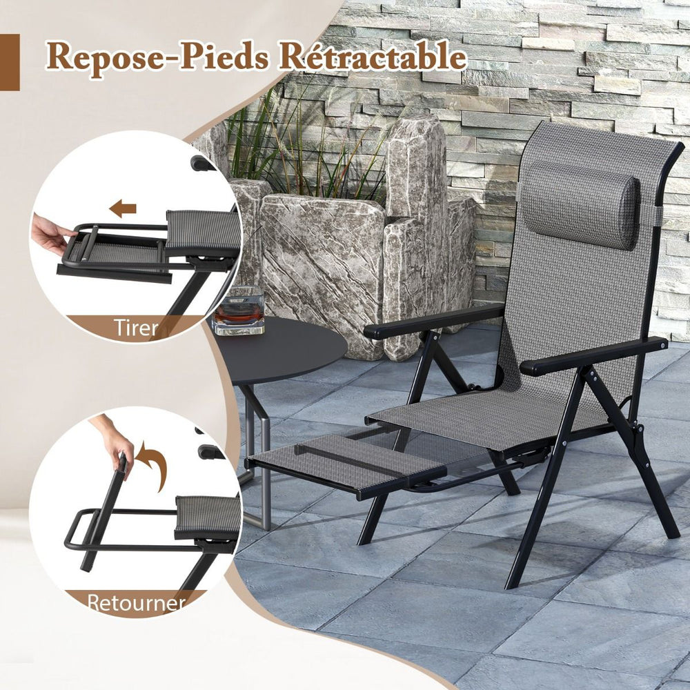 Lot de 2 Chaises Longues Pliantes et Inclinables Dossiers et Accoudoirs Réglables à 10 Niveaux Repose-Pied Rétractable Capacité 150 Kg Gris -