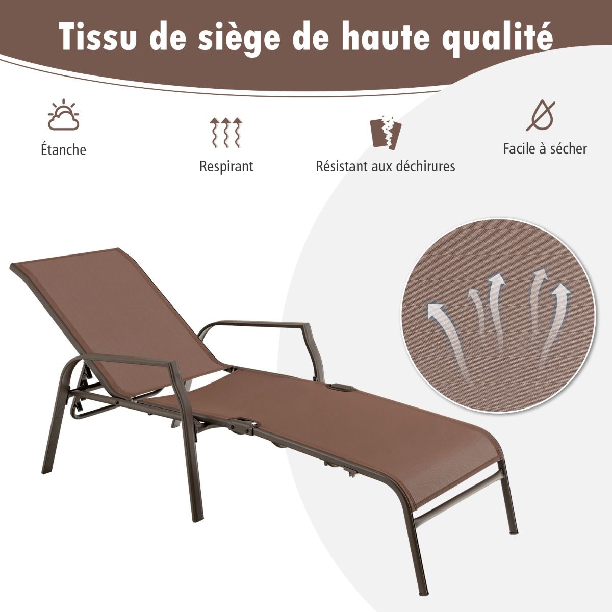 Lot de 2 Chaises longues avec Dossier Réglable Tissu Respirant Structure Robuste en Acier Charge Max 150KG -
