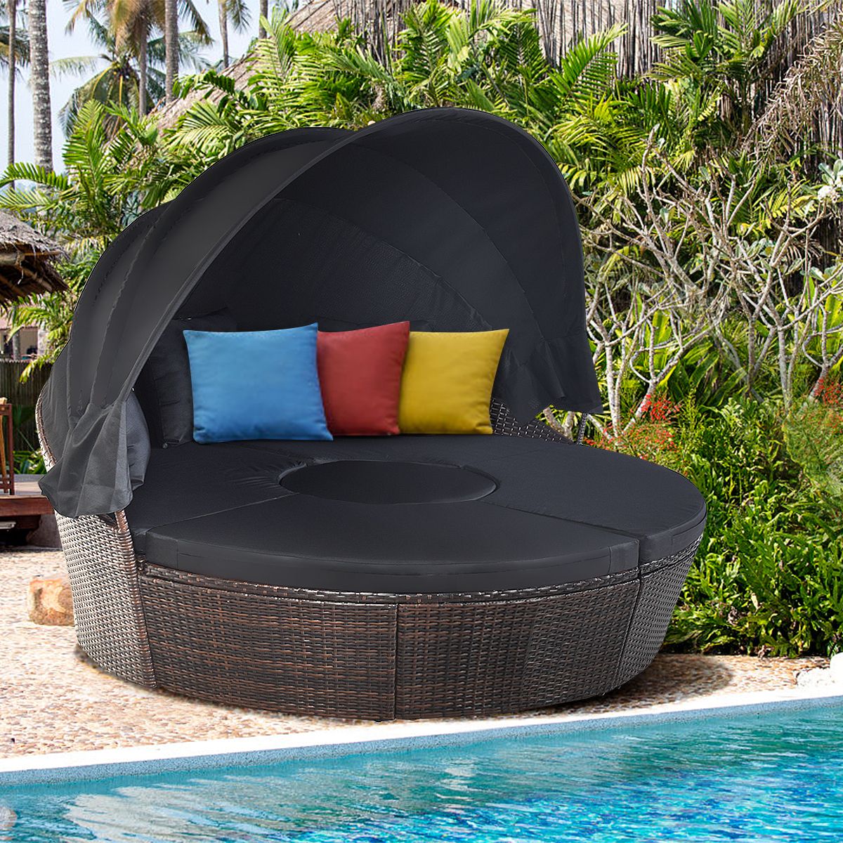 Lit de Jardin Rond d'Exterieur Table Relevable Modulable & Convertible - Pare Soleil Réglable rotin PE Coussins Inclus Noir -