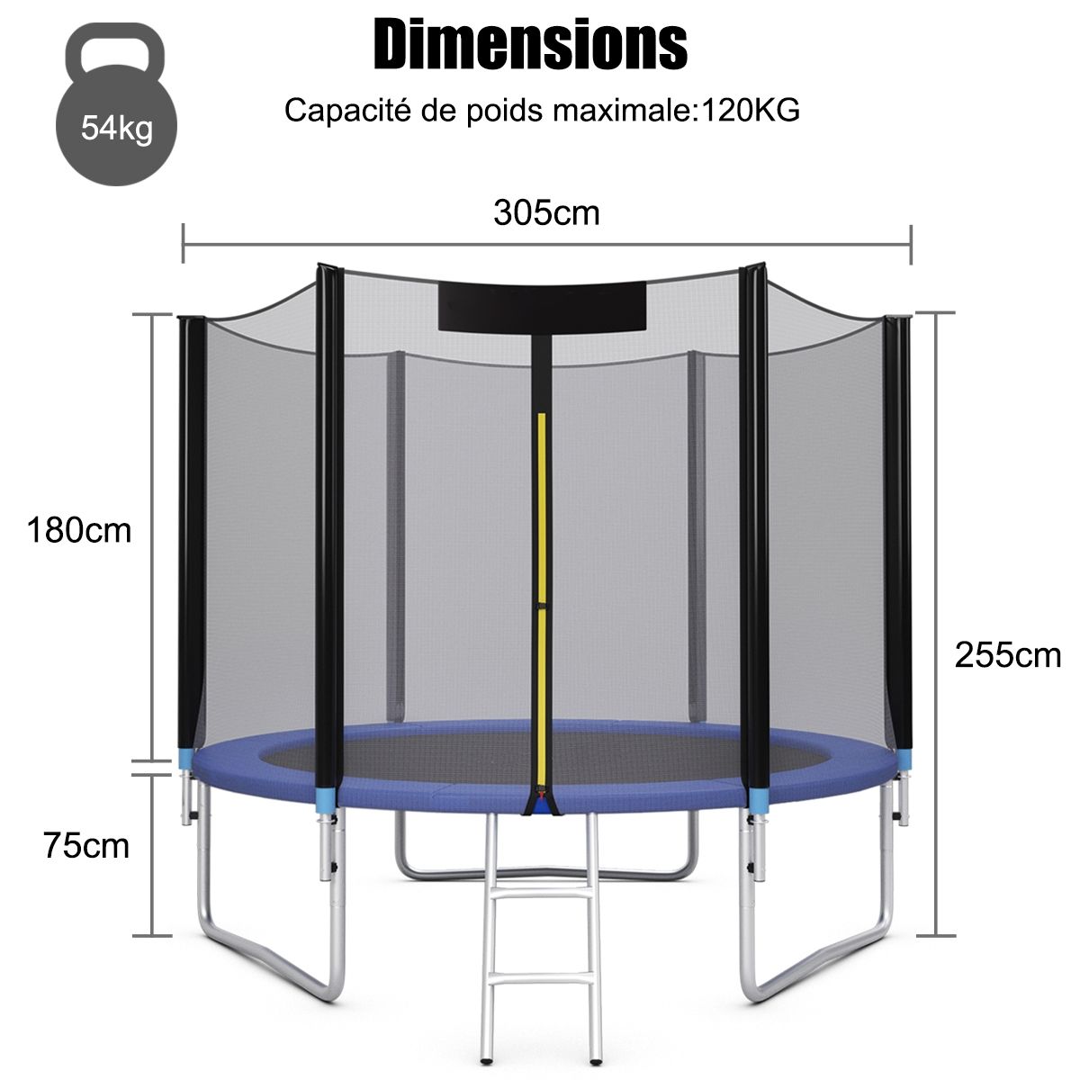 Trampoline de Jardin 脴 305cm avec Filet de Scurit Porte Entre Echelle Noir et Bleu -