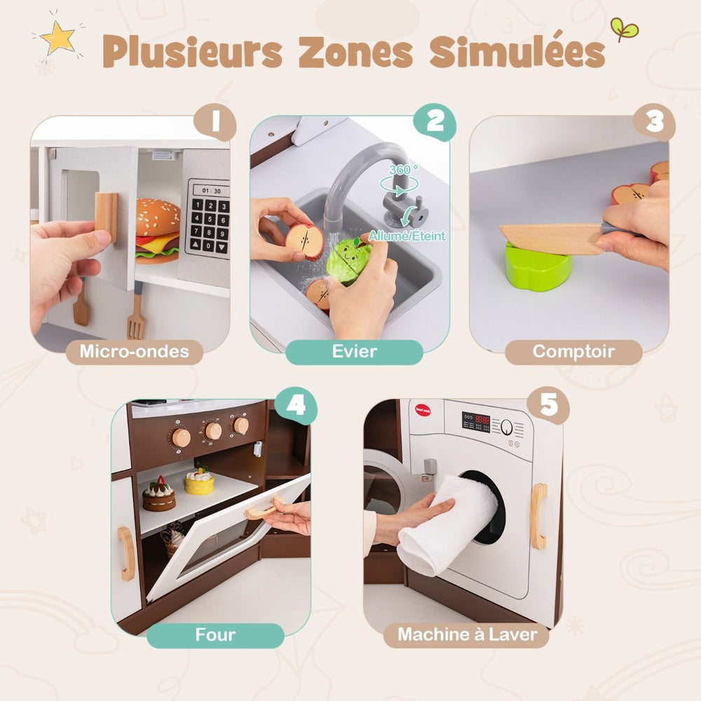Jeu de Cuisine d'Angle pour Enfants de 3 Ans et Plus en Bois Machine  Glaons Porte-serviettes Accessoires Effets Sonores et Lumineux -
