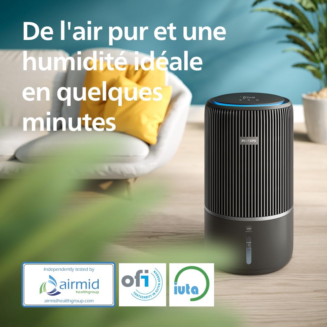 Philips Série 3400 Purificateur d'Air et Humidificateur 2 en 1, Filtre HEPA NanoProtect + Filtre à Charbon Actif, Humidification Hygiénique, CADR 300 m³/h, Taux d'Humidification 650 ml/h (AC3421/13)