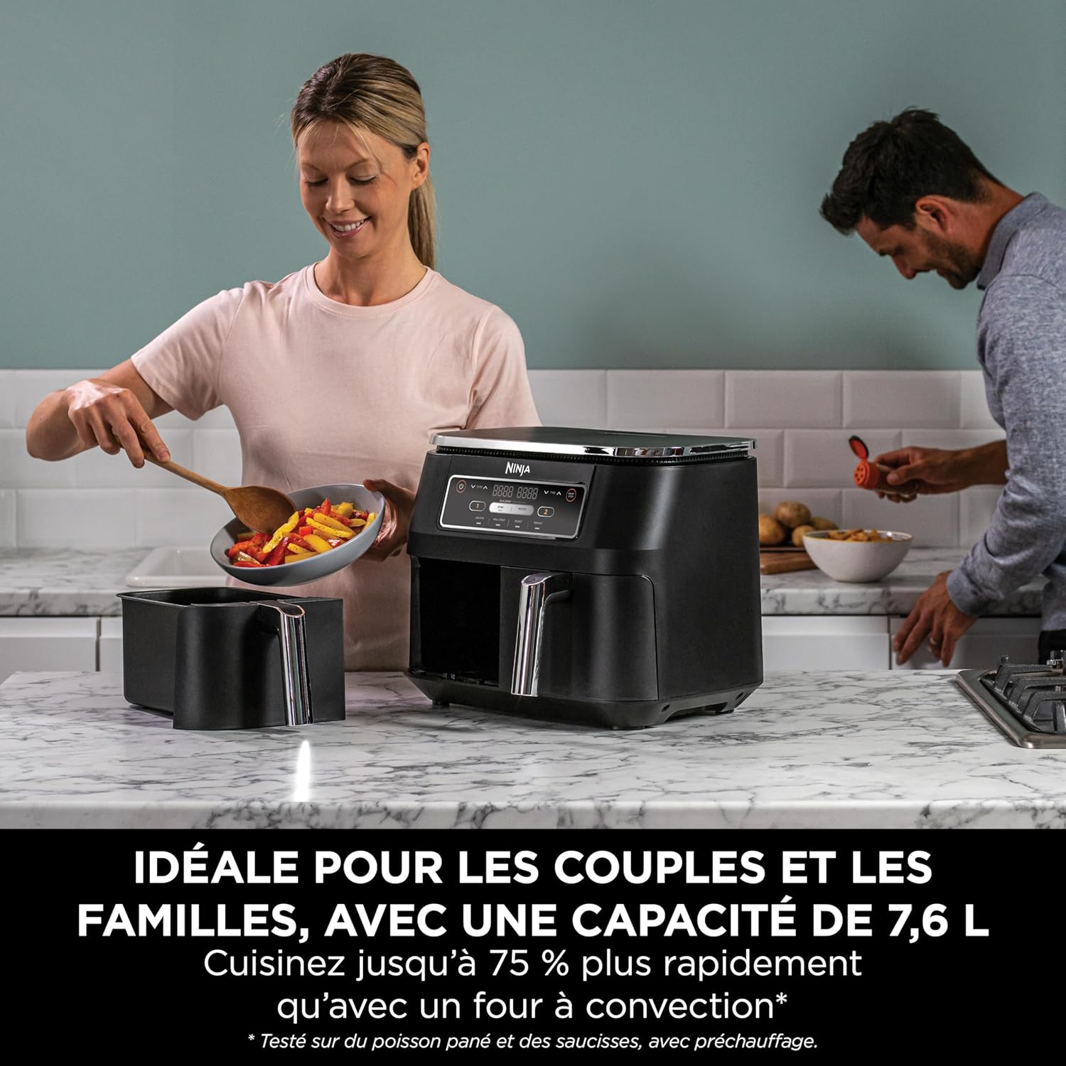 Foodi FlexDrawer Air Fryer,Dual Zone Avec Sparateur Amovible,Grand Tiroir de 10,4 L,7-en-1,Double Zone,Sans Huile,Pices Antiadhsives Compatibles Au Lave-Vaisselle,Noir AF500EU