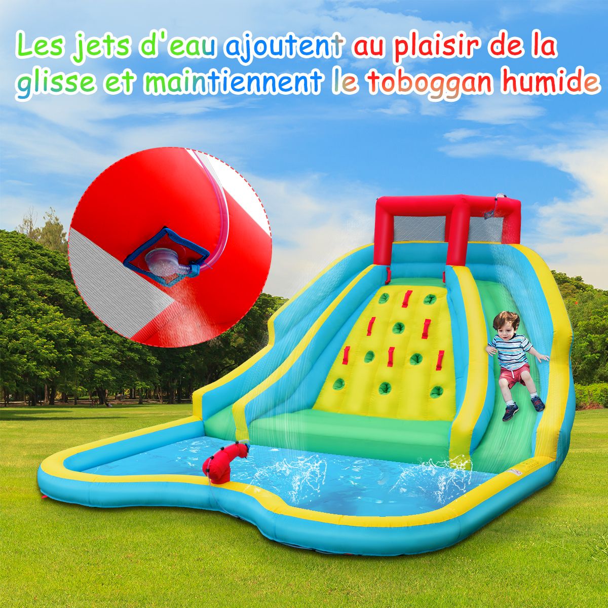 Toboggan Aquatique Gonflable 5 en 1 avec Pataugeoire Aire de Jeux Gonflable en Oxford avec Mur d'Escalade Charge 150kg pour 3-10 Ans (sans Souffleur) -