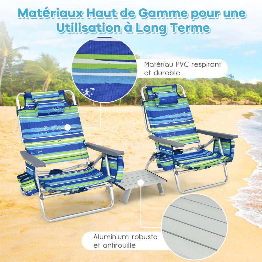 Lot de 2 Chaises de Camping Plage Pliante Table Enroulable en Aluminium Appui-tête Dossier Réglable à 5 Positions 6 Couleurs au Choix -