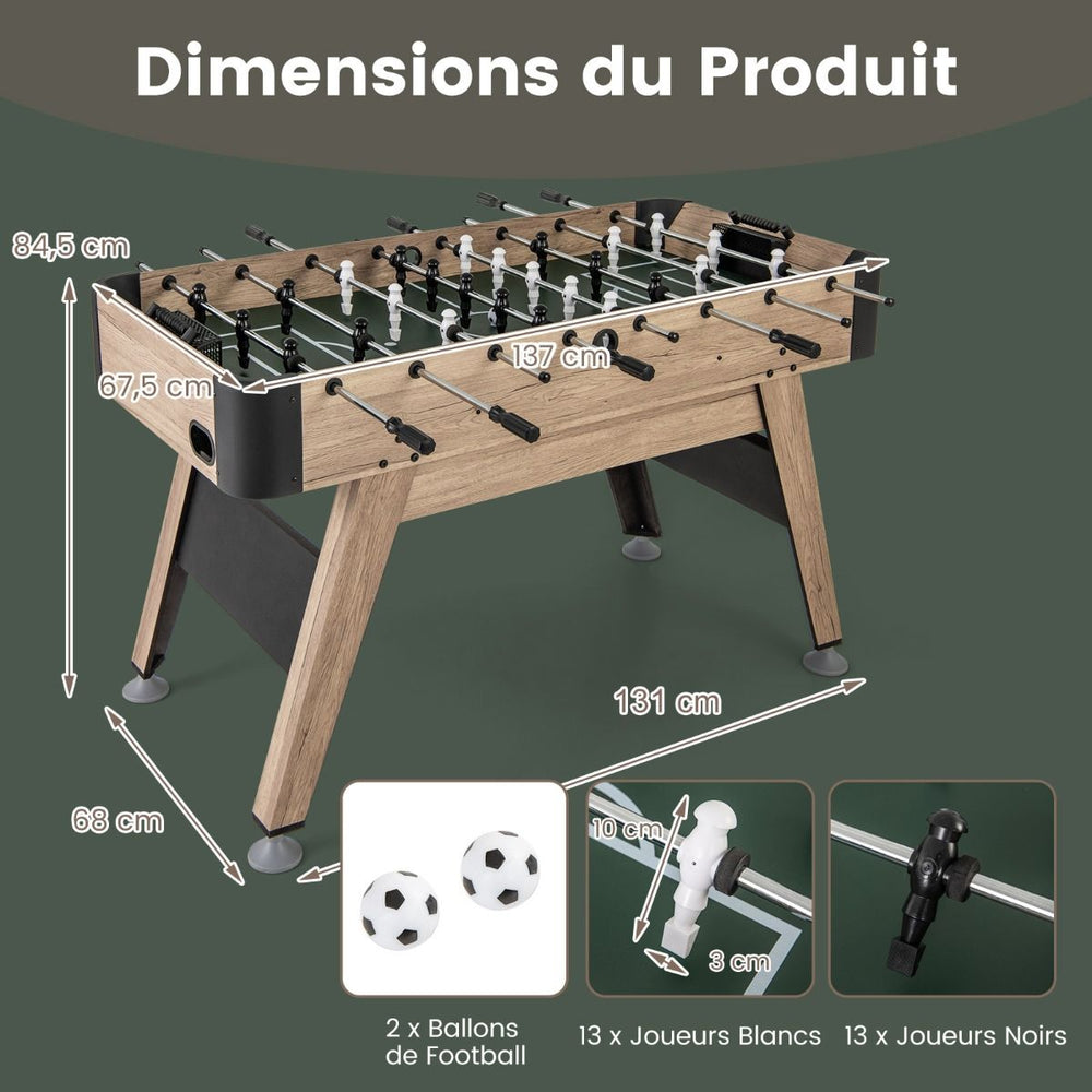 Table de Baby-Foot de 138 cm Table de Jeu de Football d'Arcade 2 Ballons 26 Joueurs 2 Marqueurs de Score Pieds Réglables -