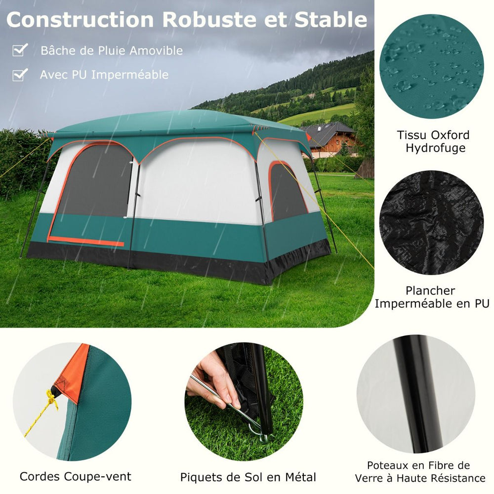 Tente de Camping pour 6/8/10 Personnes avec Auvent Grande Tente Familiale avec 2 Chambres 2 Portes 2 Fenêtres en Maille Vert -